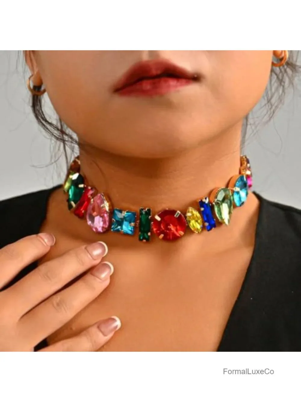 Alloy Gemstone Rhinestone Choker Necklace with Lobster Clasp Adjustable Chain